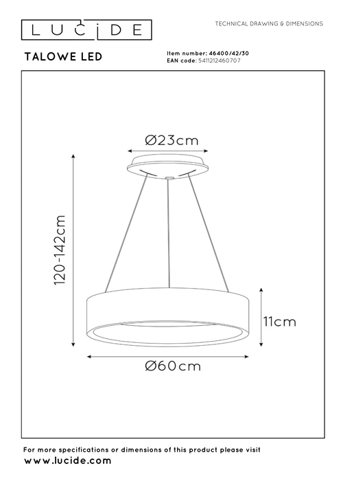 Lucide TALOWE LED - Pendant light - Ø 60 cm - LED Dim. - 1x39W 3000K - Black - technical